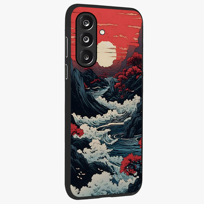 Red Sunset Scenery Glass Case upright view showcasing dramatic sunset scenery artwork with warm nature theme.