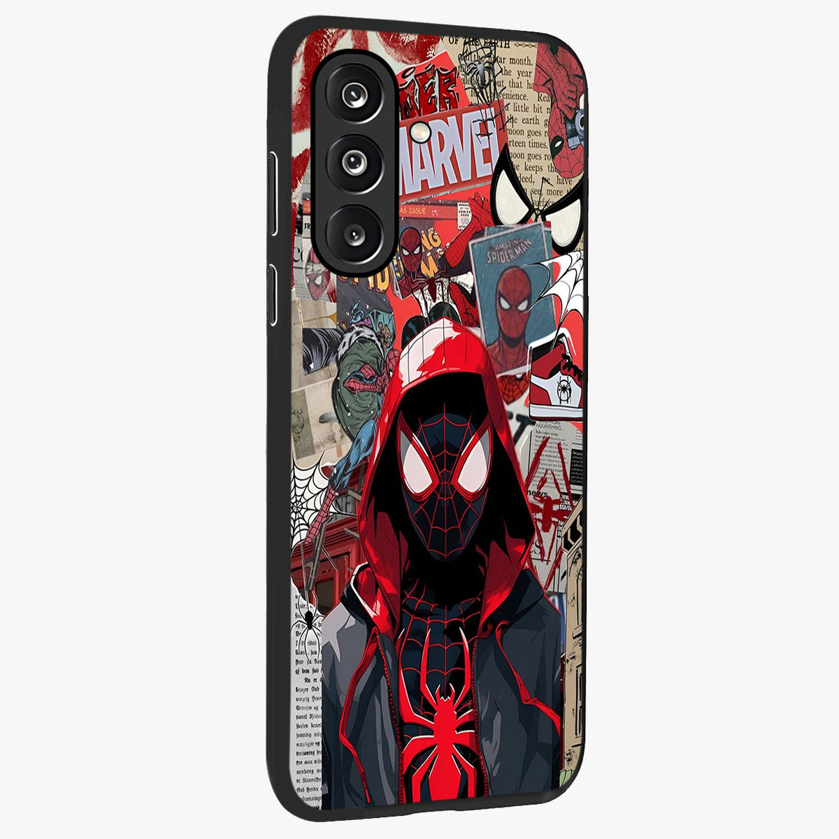Spider Collage Street Glass Case upright view showcasing bold superhero artwork with urban street theme.