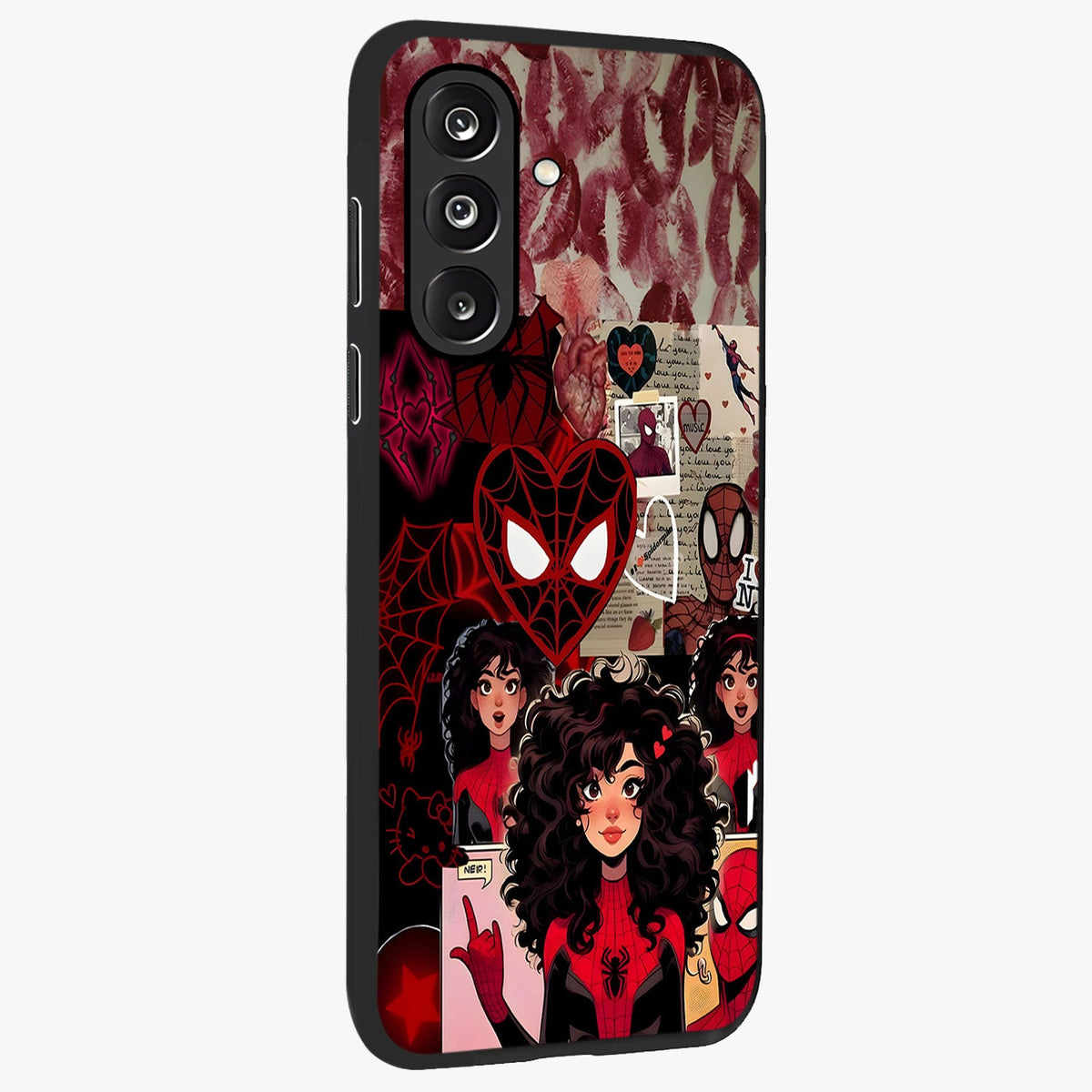 Spider Love Story Glass Case upright view showcasing charming superhero artwork with romantic comic theme.