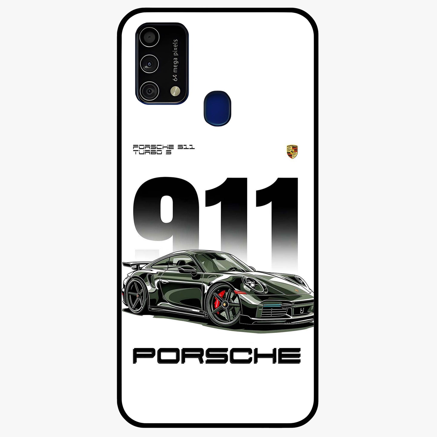 911 Turbo Dominance Glass Case showing clean flat back view with bold 911 sports car artwork and glossy glass finish.