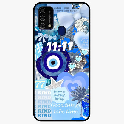 Aesthetic Be Kind Eye Glass Case showing flat back view with motivational eye artwork and glossy glass finish.