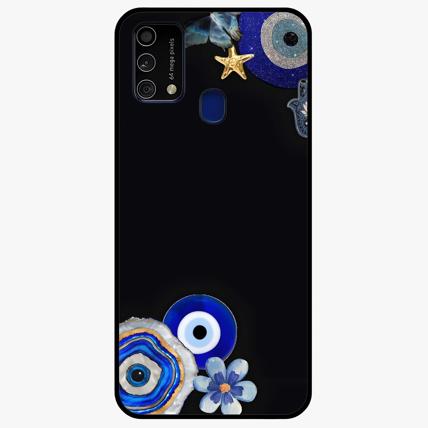 Aesthetic Blue Evil Eye Glass Case showing flat back view with protective evil eye artwork and glossy glass finish.