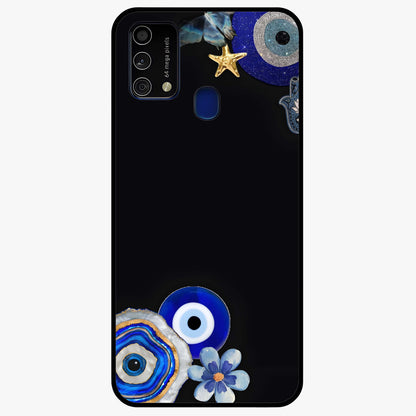 Aesthetic Blue Evil Eye Glass Case showing flat back view with protective evil eye artwork and glossy glass finish.