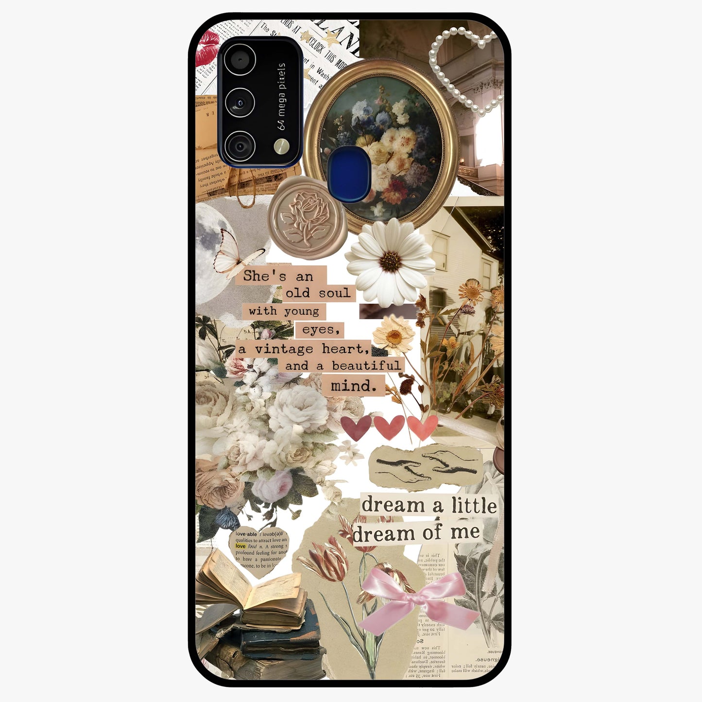 Aesthetic Brown Vintage Collage Glass Case showing flat back view with retro collage artwork and glossy glass finish.