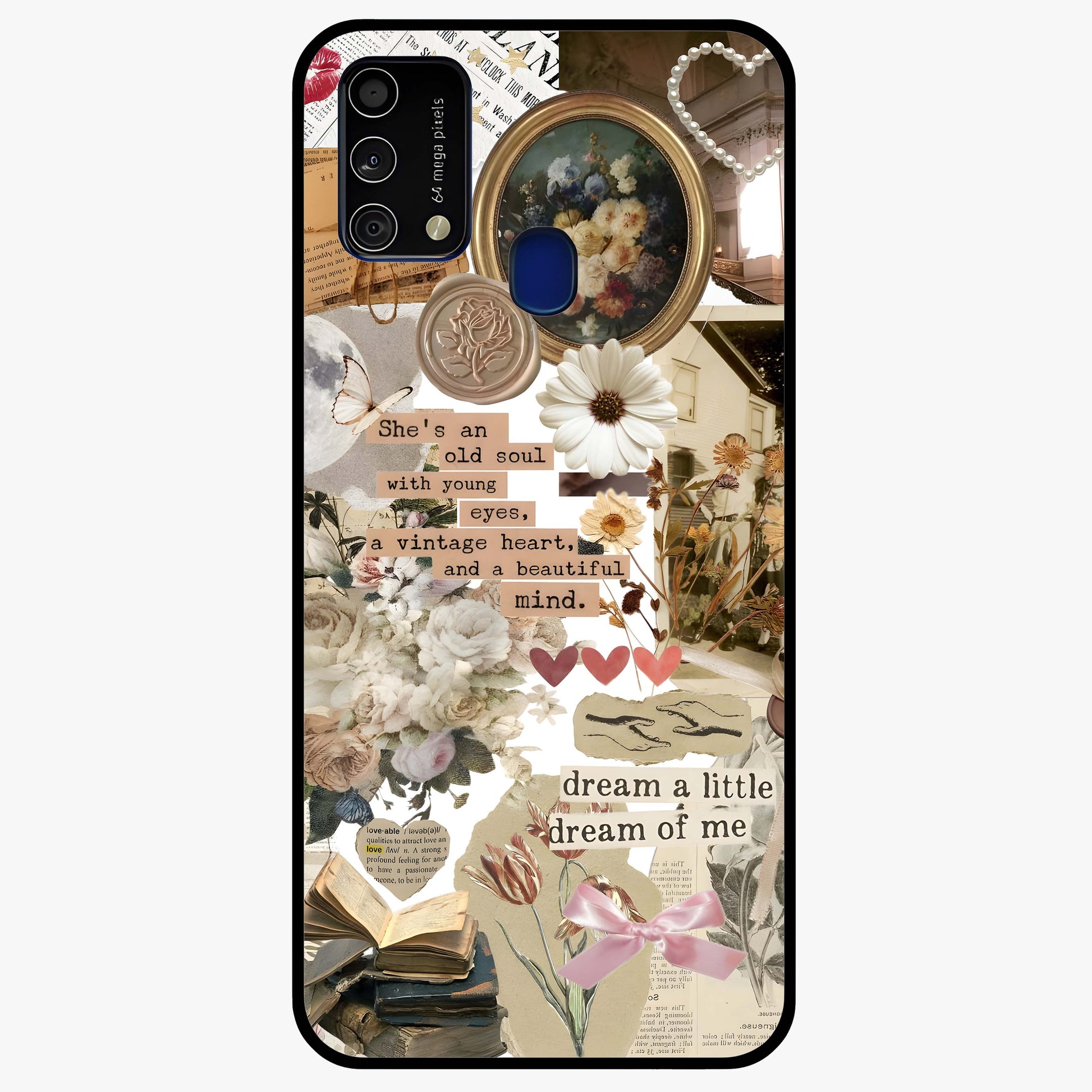Aesthetic Brown Vintage Collage Glass Case showing flat back view with retro collage artwork and glossy glass finish.