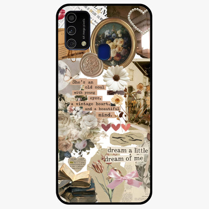 Aesthetic Brown Vintage Collage Glass Case showing flat back view with retro collage artwork and glossy glass finish.