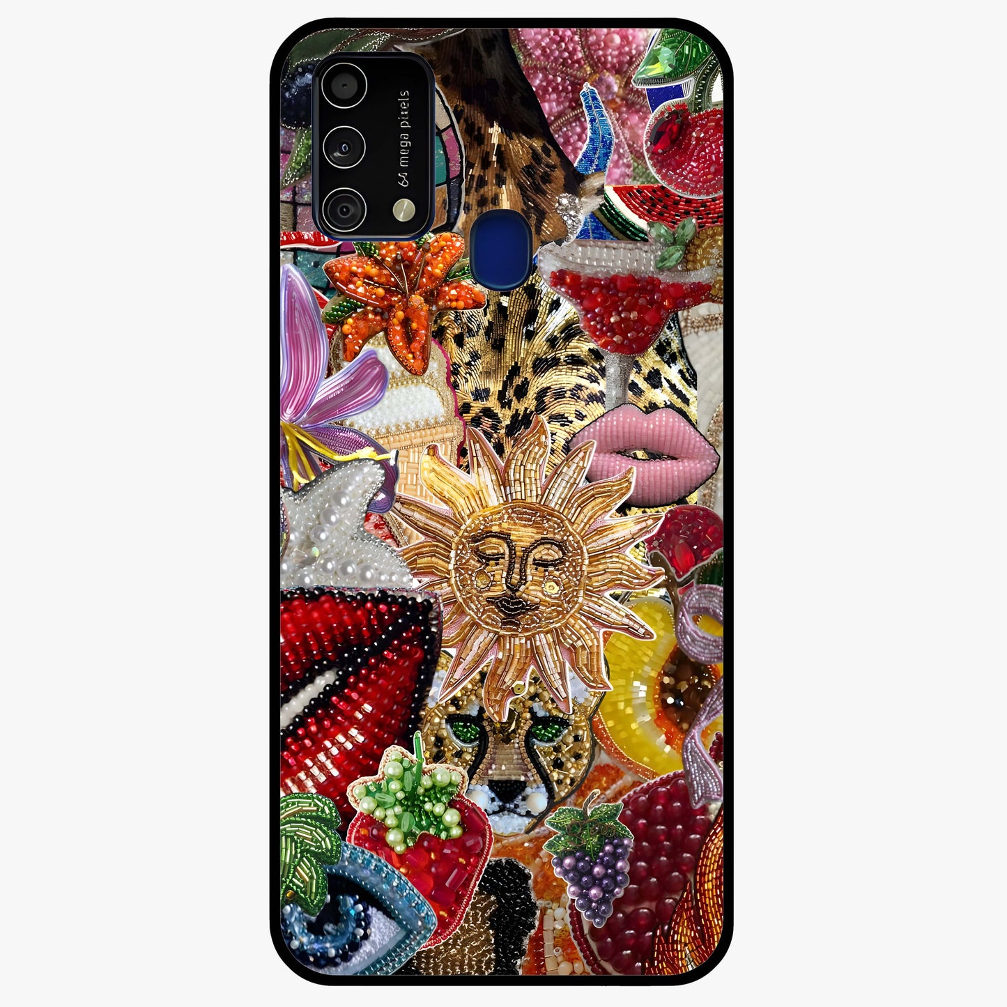 Beaded Fashion Jungle Glass Case showing flat back view with vibrant jungle inspired bead artwork and glossy glass finish.