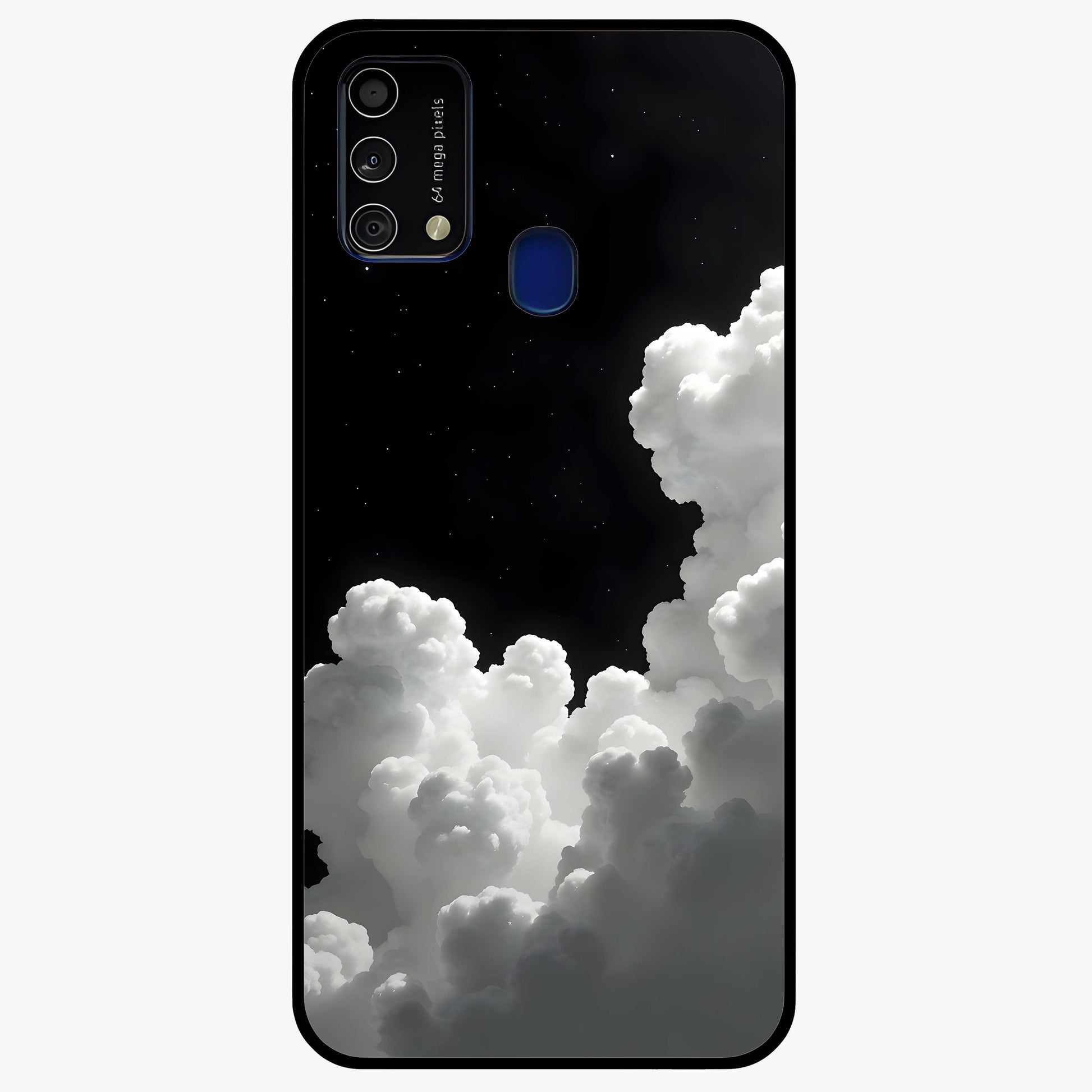 Black Background With White Cloud Glass Case showing flat back view with minimal cloud artwork on dark background and glossy glass finish.