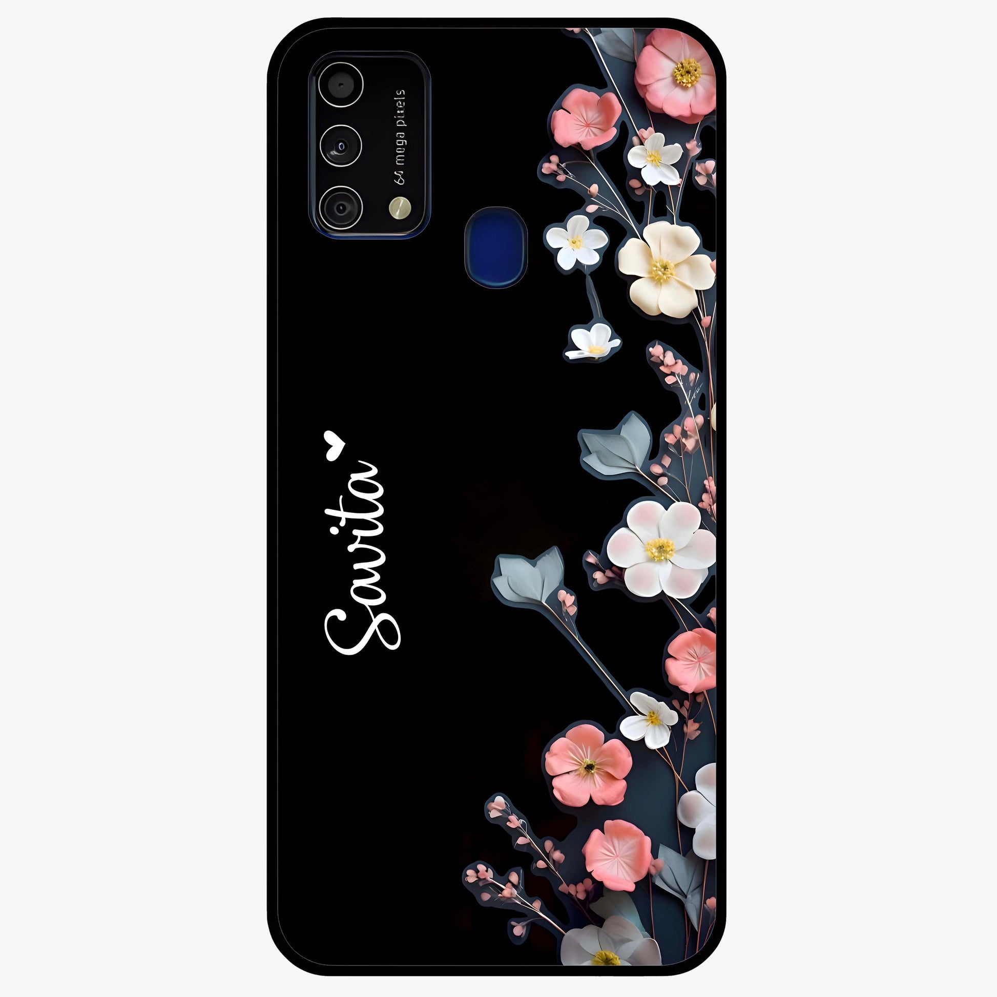 Black Elegance Floral Custom Name Glass Case showing flat back view with elegant floral artwork and personalized name design.