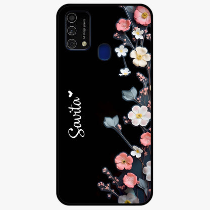 Black Elegance Floral Custom Name Glass Case showing flat back view with elegant floral artwork and personalized name design.