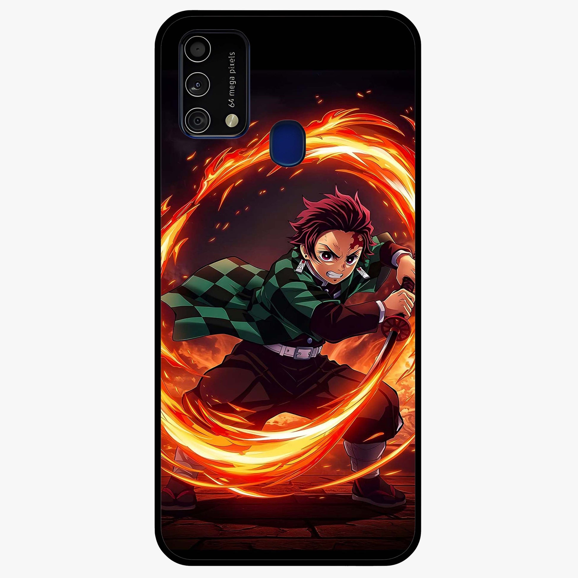 Blazing Sword Resolve Glass Case showing flat back view with fiery sword artwork and glossy glass finish.
