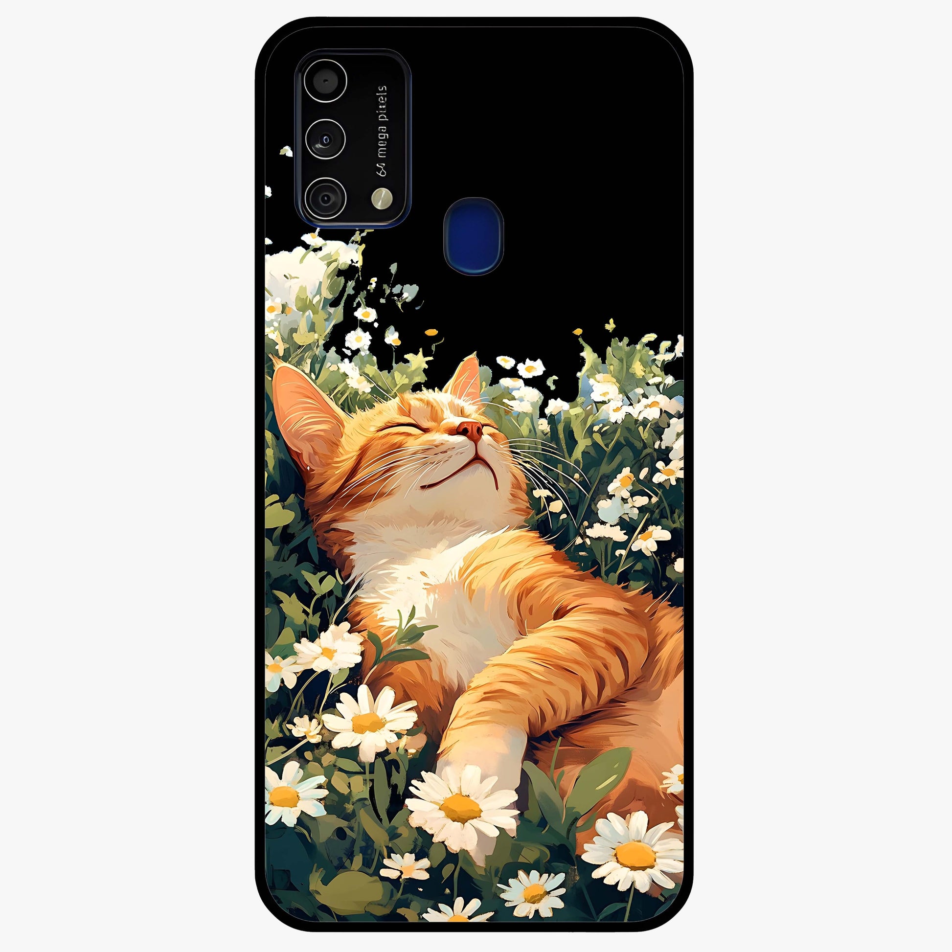 Blissful Bloom Cat Glass Case showing flat back view with cute cat and floral bloom artwork and glossy glass finish.