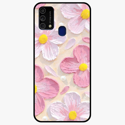 Blush Bloom Texture Glass Case showing flat back view with soft blush floral texture artwork and glossy glass finish.