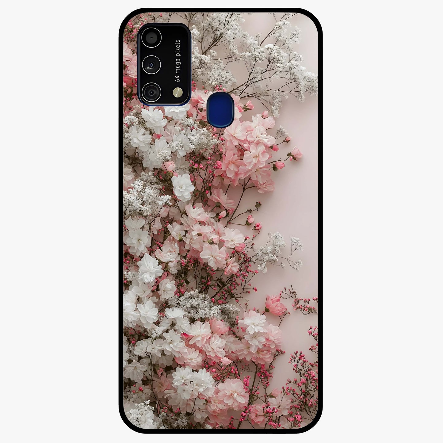 Blush Blossom Cloud Glass Case showing flat back view with dreamy blush cloud blossom artwork and glossy glass finish.