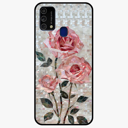 Blush Mosaic Bloom Glass Case showing flat back view with mosaic floral bloom artwork and glossy glass finish.