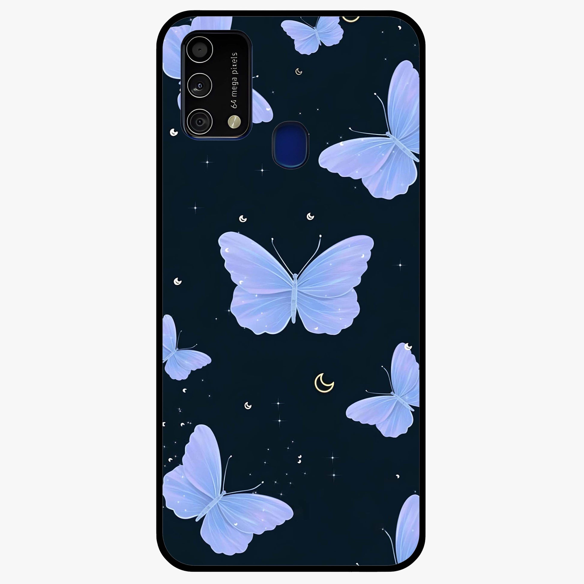 Butterfly With Stars Pattern Glass Case showing flat back view with butterfly and star pattern artwork and glossy glass finish.