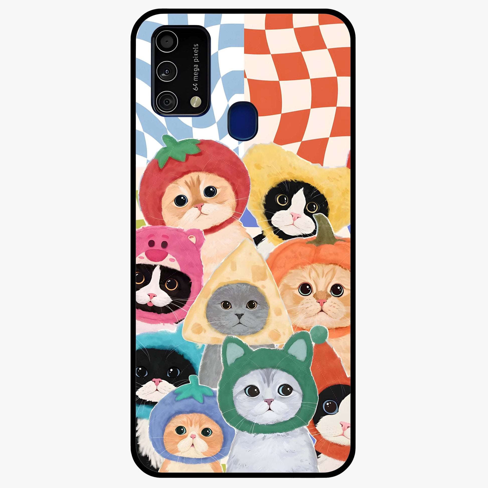 Cats in Fruits Glass Case showing flat back view with playful cat illustrations inside fruit artwork and glossy glass finish.