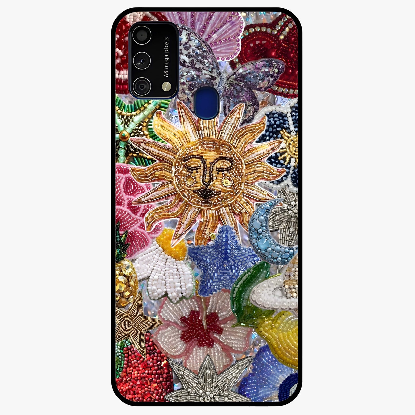 Celestial Floral and Playful Glass Case showing flat back view with floral and celestial themed artwork and glossy glass finish.