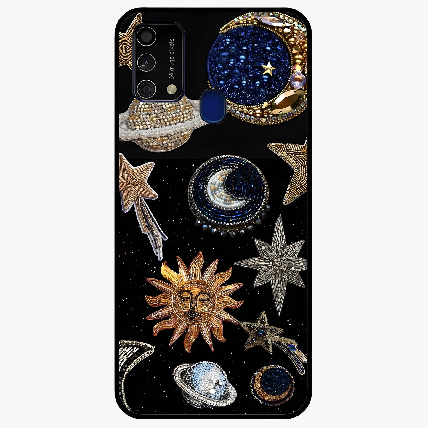 Celestial Gem Constellations Glass Case showing flat back view with sparkling constellation artwork and glossy glass finish.