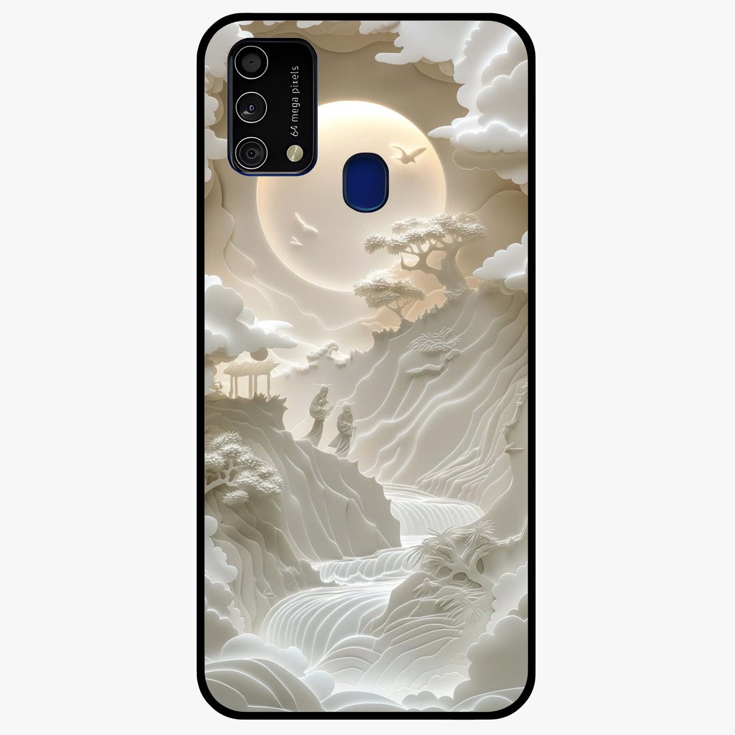 Celestial Origami Glass Case showing flat back view with artistic origami inspired celestial artwork and glossy glass finish.