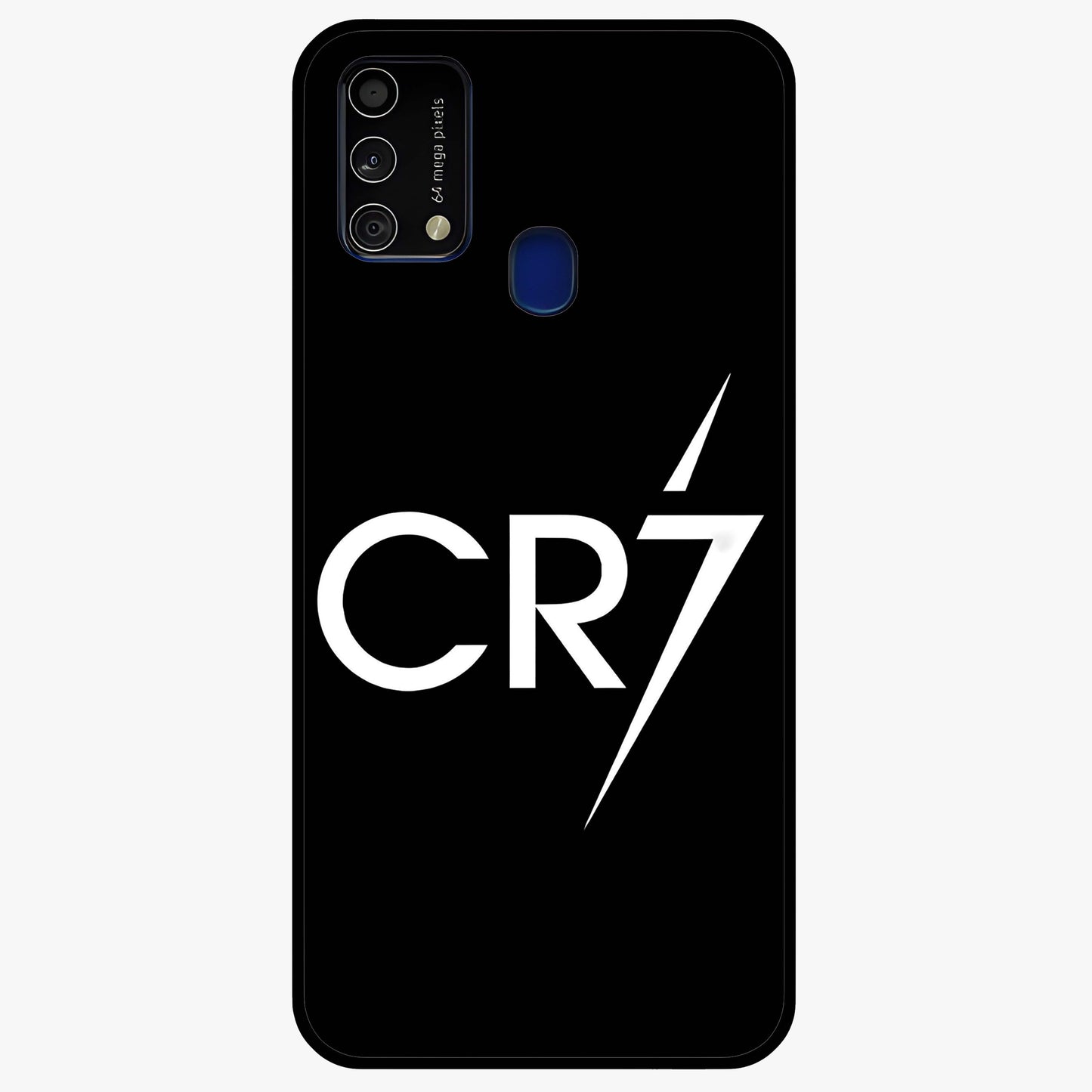 Cr7 Elite Strike Glass Case showing flat back view with dynamic football inspired artwork and glossy glass finish.