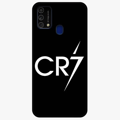 Cr7 Elite Strike Glass Case showing flat back view with dynamic football inspired artwork and glossy glass finish.