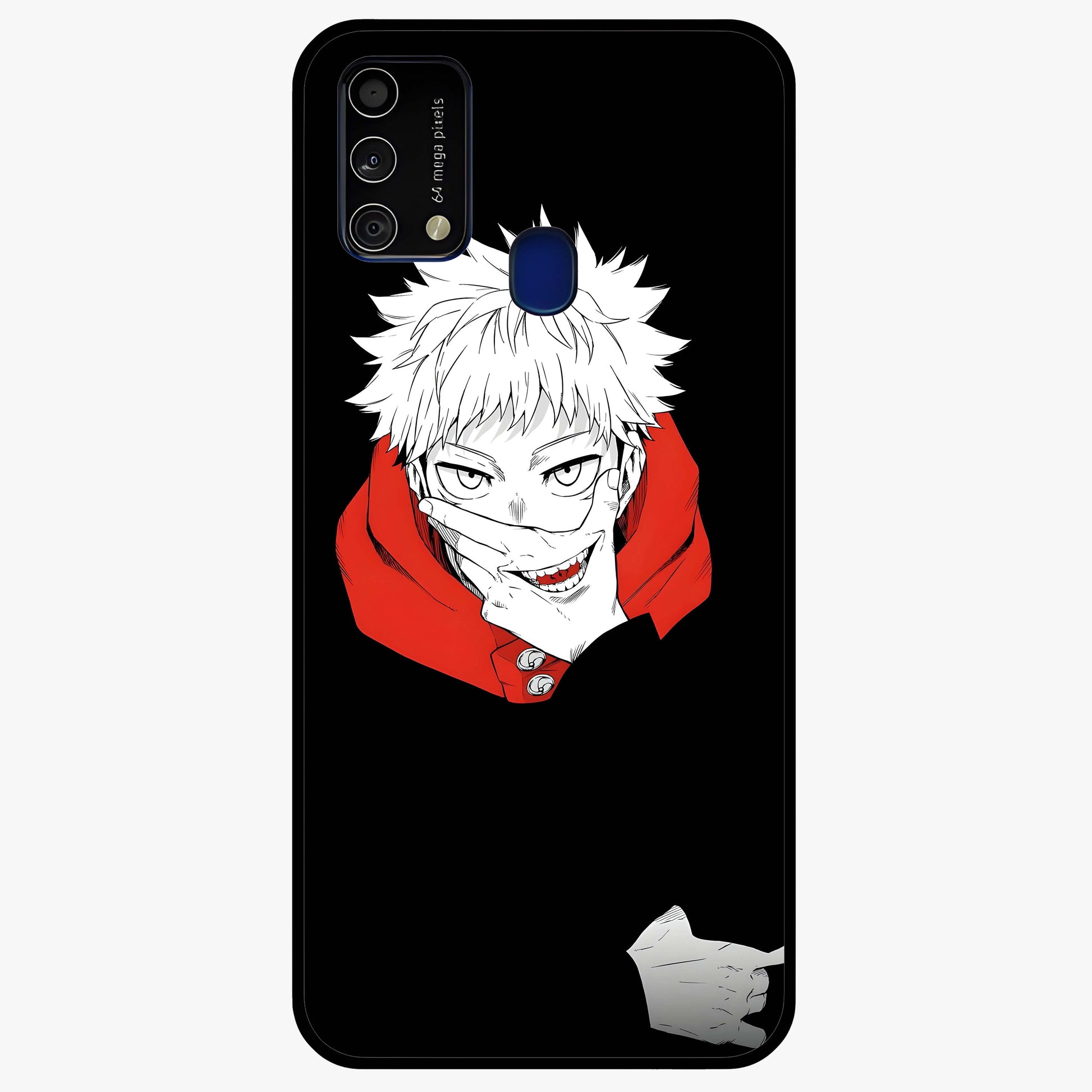 Crimson Chaos Smile Glass Case showing flat back view with bold chaotic smile artwork and glossy glass finish.