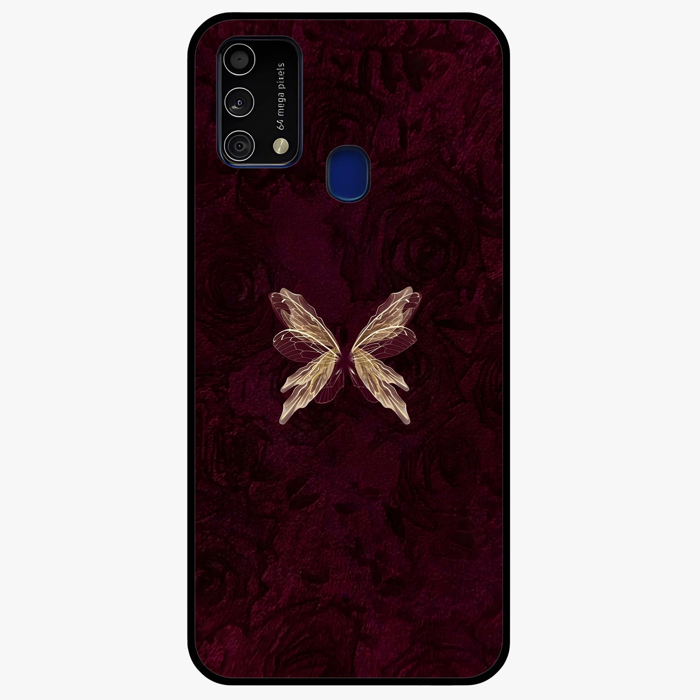 Crimson Fade Butterfly Glass Case showing flat back view with fading butterfly artwork and glossy glass finish.
