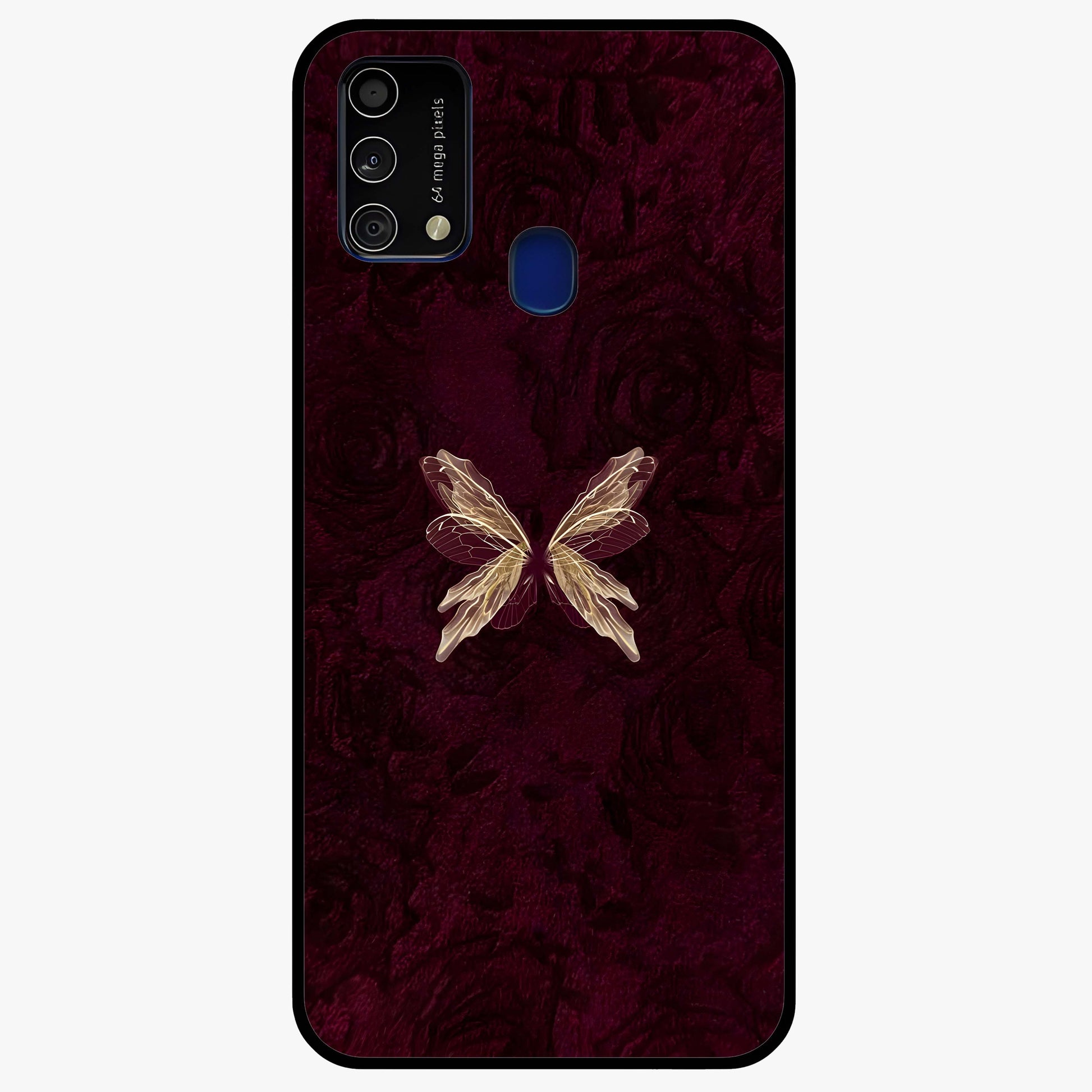 Crimson Fade Butterfly Glass Case showing flat back view with fading butterfly artwork and glossy glass finish.