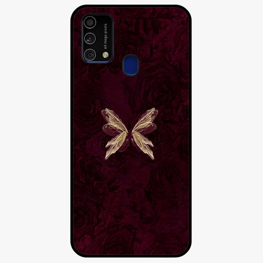 Crimson Fade Butterfly Glass Case showing flat back view with fading butterfly artwork and glossy glass finish.