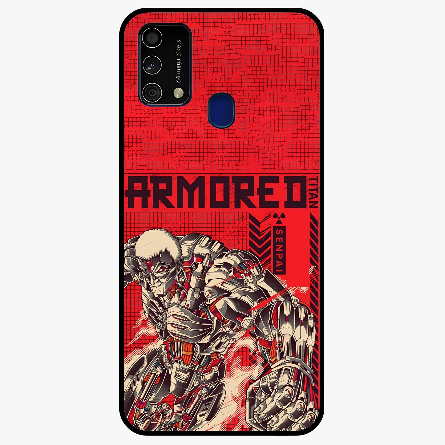 Crimson Mecha Titan Glass Case showing flat back view with powerful mech titan artwork and glossy glass finish.