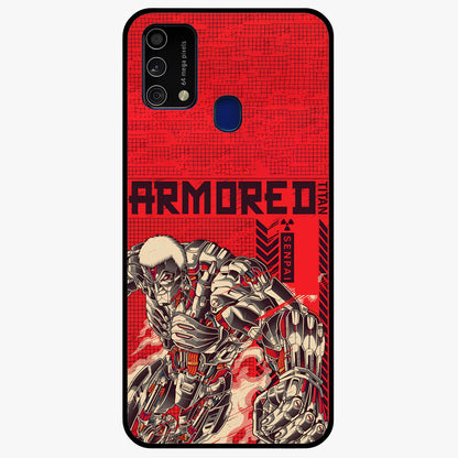 Crimson Mecha Titan Glass Case showing flat back view with powerful mech titan artwork and glossy glass finish.
