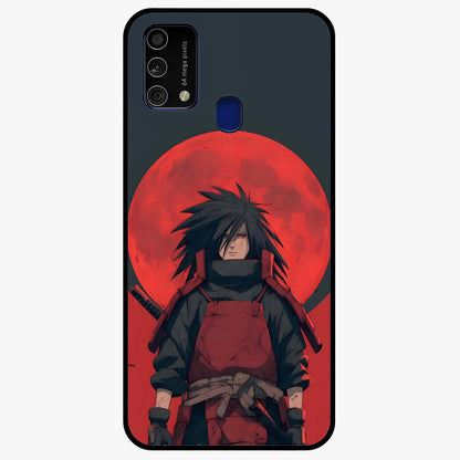 Crimson Moon Warlord Glass Case showing flat back view with mystical moon warrior artwork and glossy glass finish.