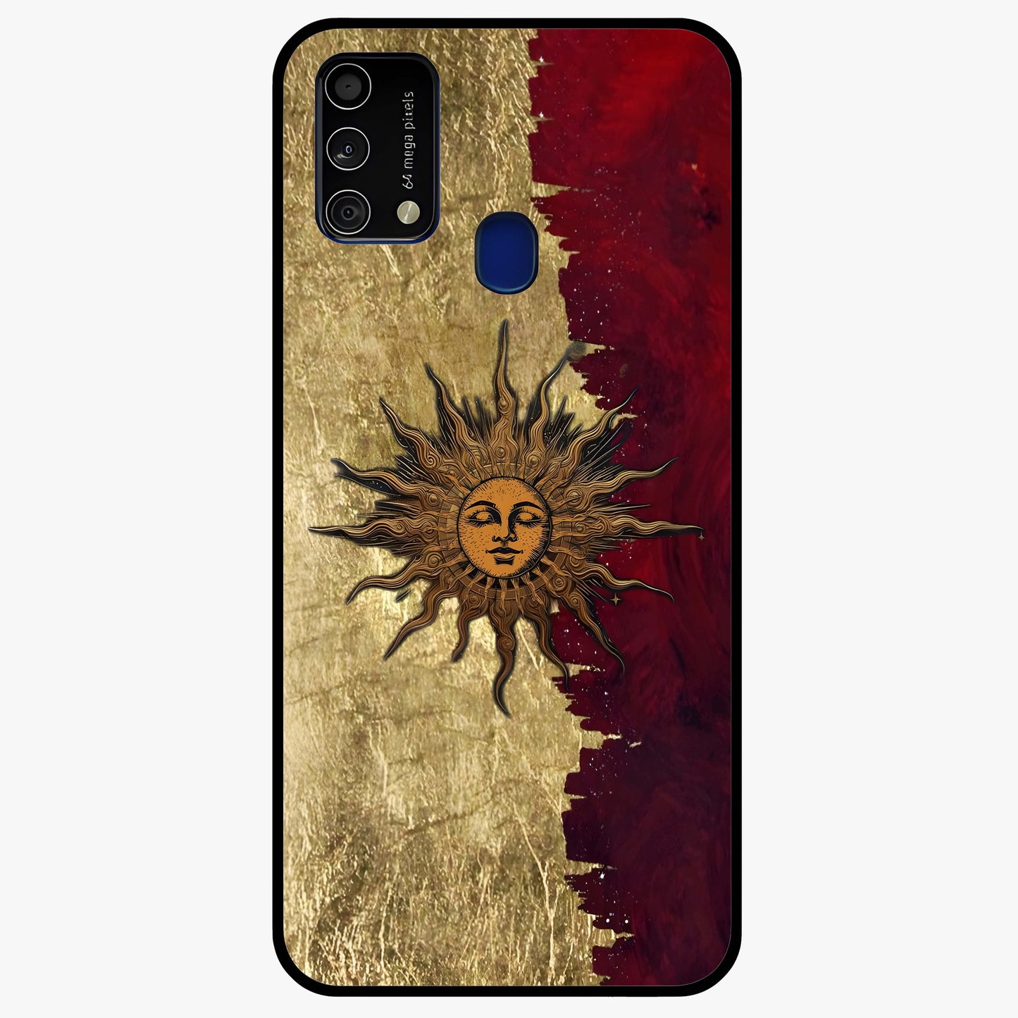 Crimson Sun Majesty Glass Case showing flat back view with radiant sun inspired artwork and glossy glass finish.