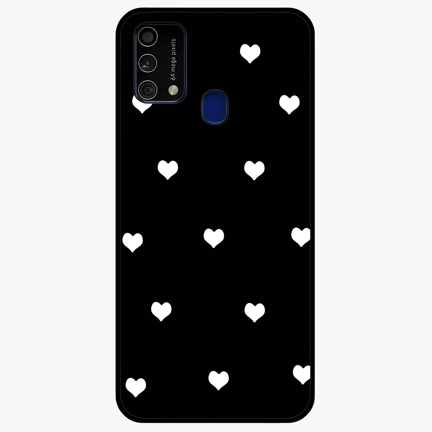 Cute And Simple White Hearts Glass Case showing flat back view with minimal white heart pattern and glossy glass finish.