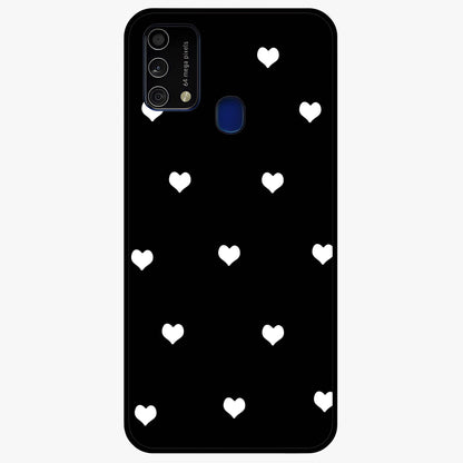 Cute And Simple White Hearts Glass Case showing flat back view with minimal white heart pattern and glossy glass finish.