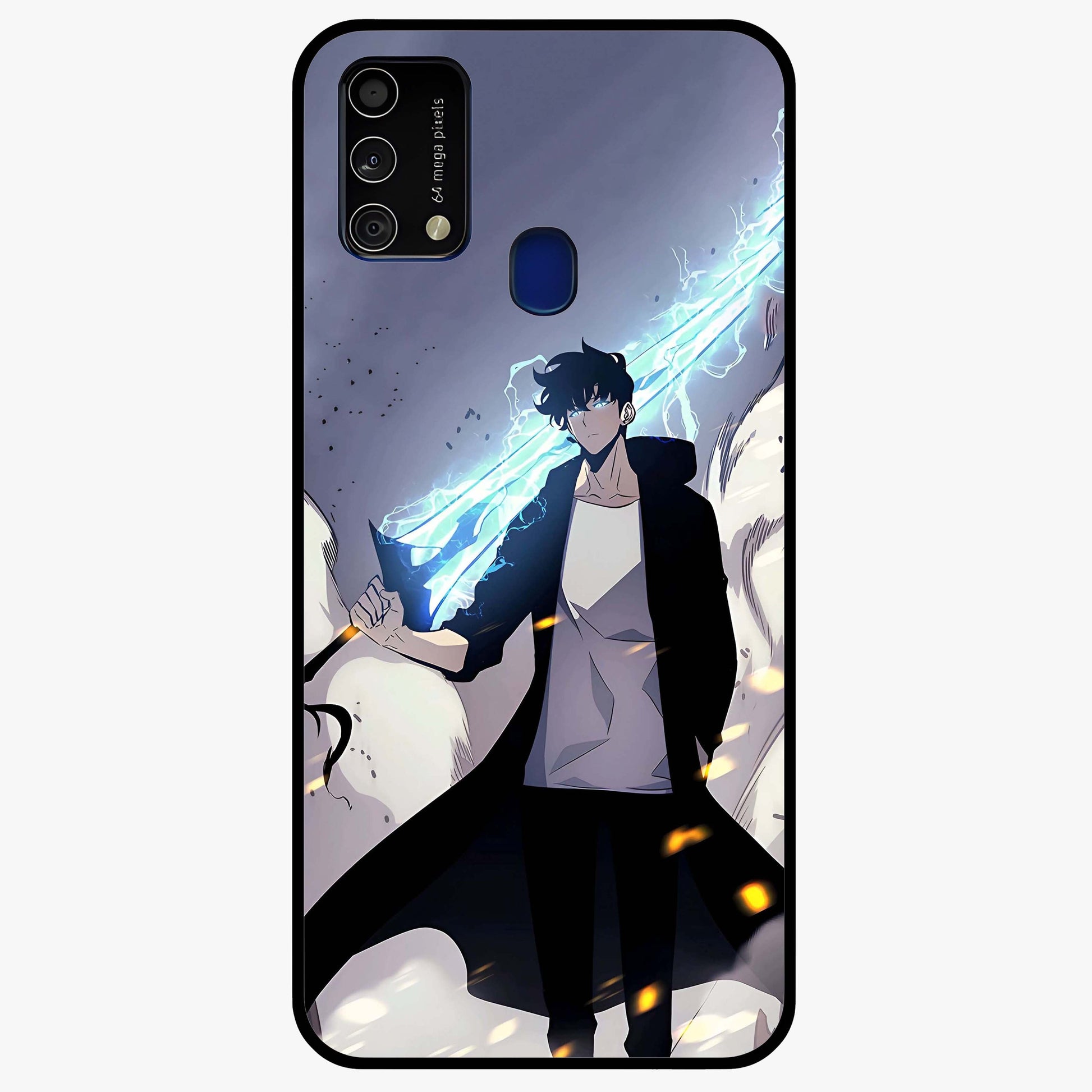 Dark Lightning Anime Warrior Glass Case showing flat back view with intense anime warrior artwork and glossy glass finish.