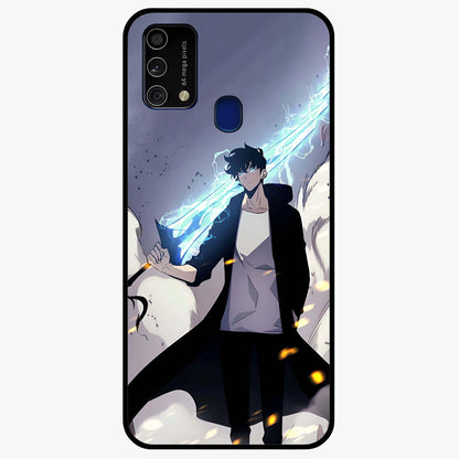 Dark Lightning Anime Warrior Glass Case showing flat back view with intense anime warrior artwork and glossy glass finish.