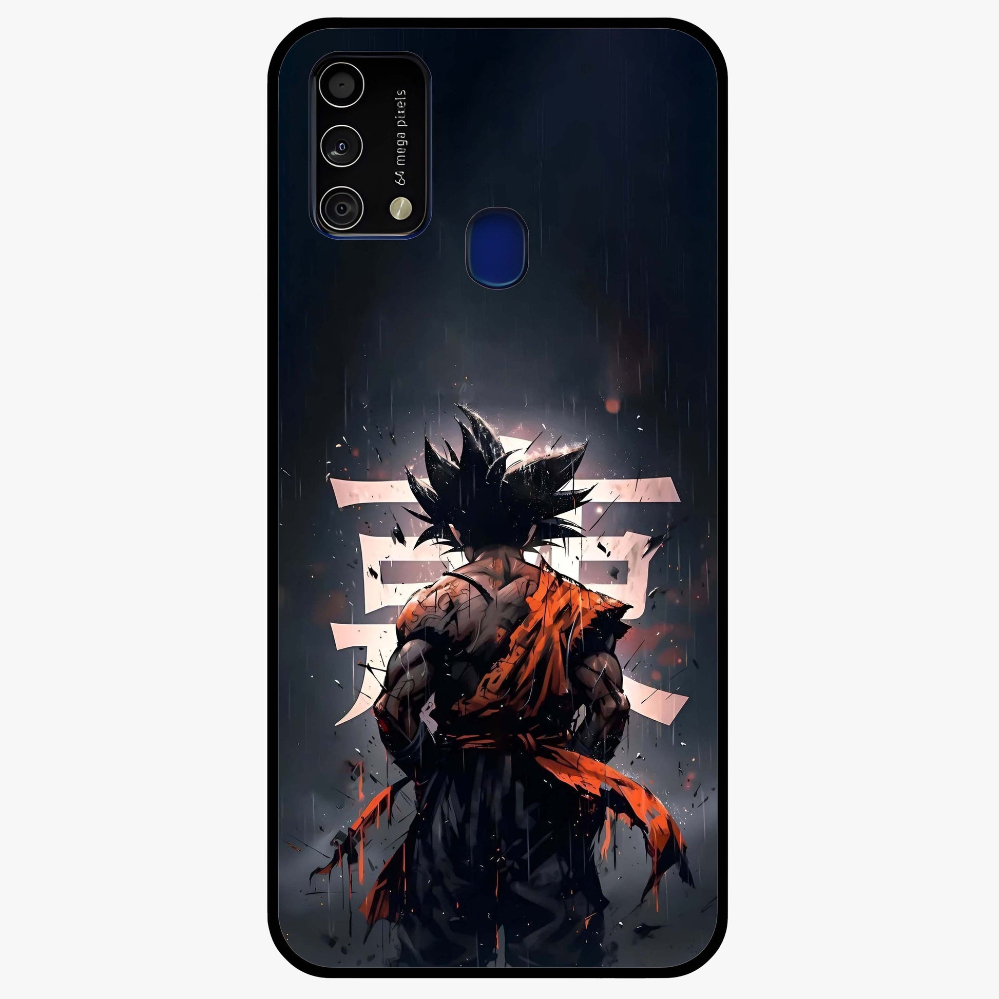 Dark Warrior In Rain Glass Case showing flat back view with warrior artwork in rainy atmosphere and glossy glass finish.