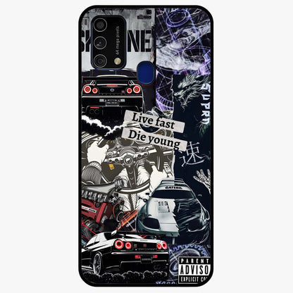 Die Young Glass Case showing flat back view with bold artistic typography design and glossy glass finish.