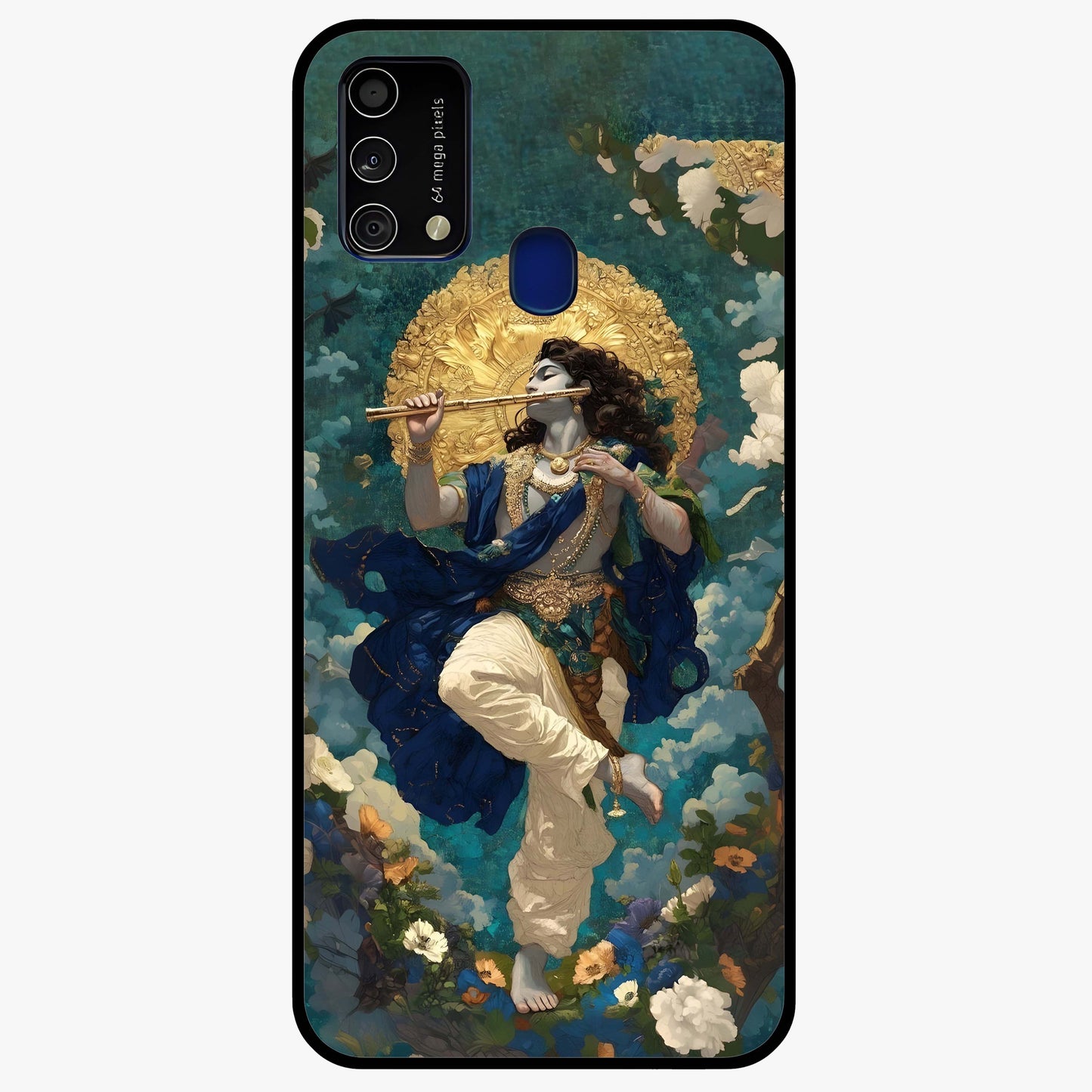 Divine Krishna Art Glass Case showing flat back view with Lord Krishna artwork and glossy glass finish.