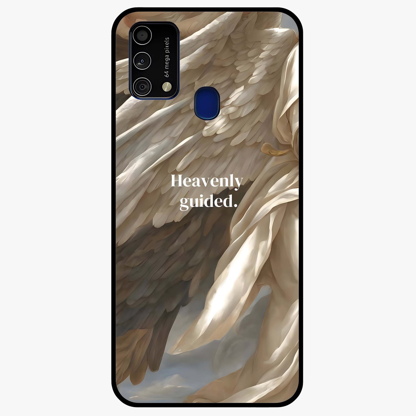 Divine Winged Grace Glass Case showing flat back view with elegant wing inspired artwork and glossy glass finish.
