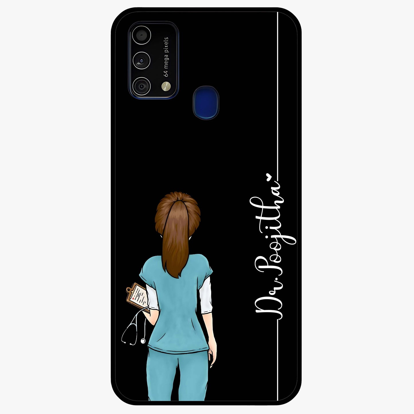 Doctor Pattern Custom Name Glass Case showing flat back view with medical themed pattern and personalized name design.