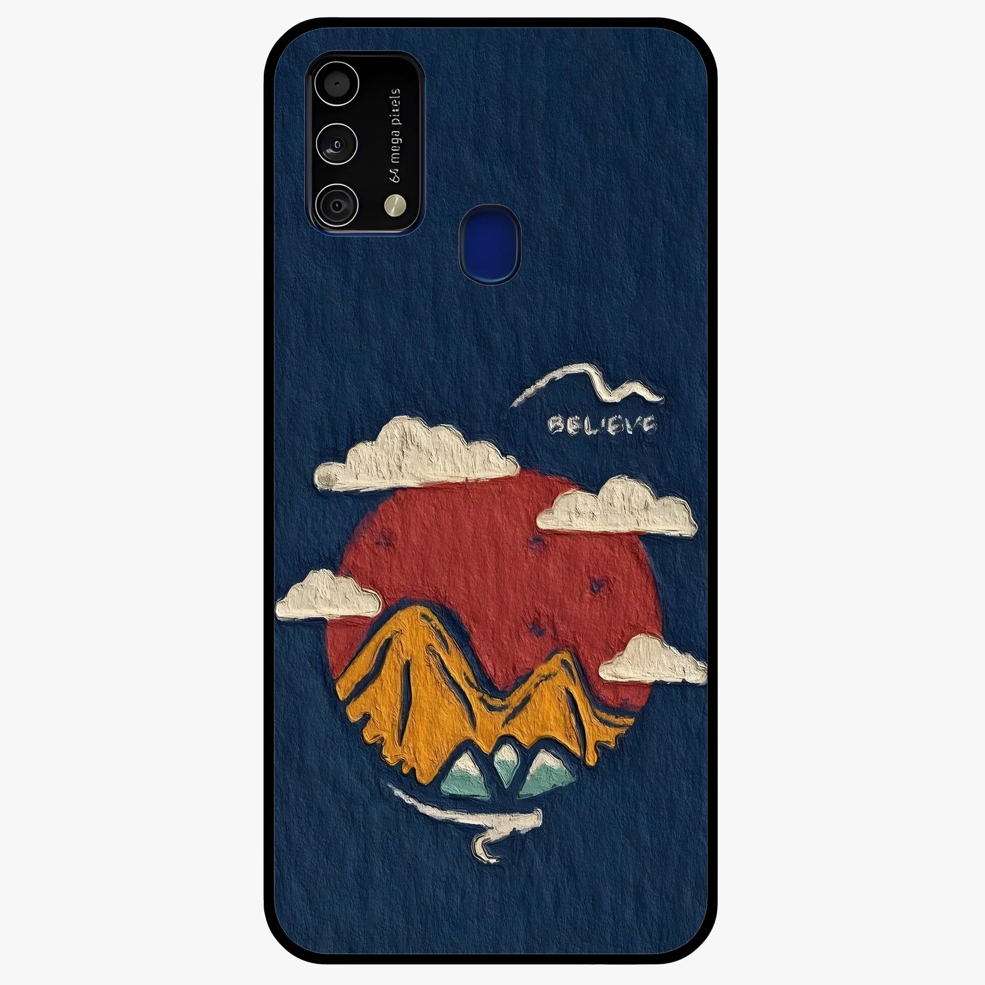 Dream Beyond Mountains Glass Case showing flat back view with scenic mountain landscape artwork and glossy glass finish.