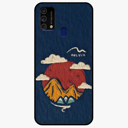 Dream Beyond Mountains Glass Case showing flat back view with scenic mountain landscape artwork and glossy glass finish.