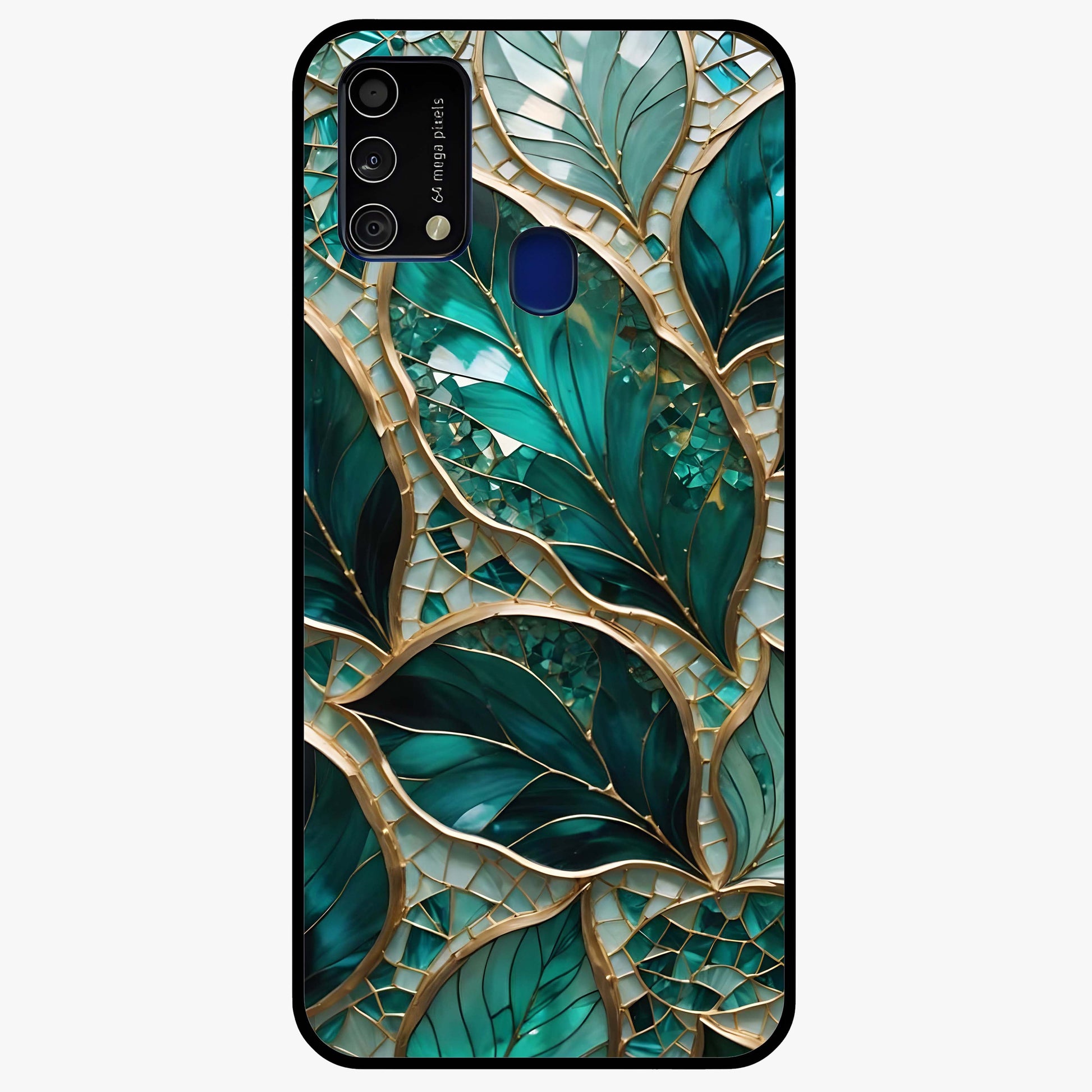 Emerald Leaf Glass Glass Case showing flat back view with emerald green leaf artwork and glossy glass finish.