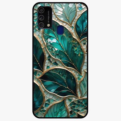 Emerald Leaf Glass Glass Case showing flat back view with emerald green leaf artwork and glossy glass finish.
