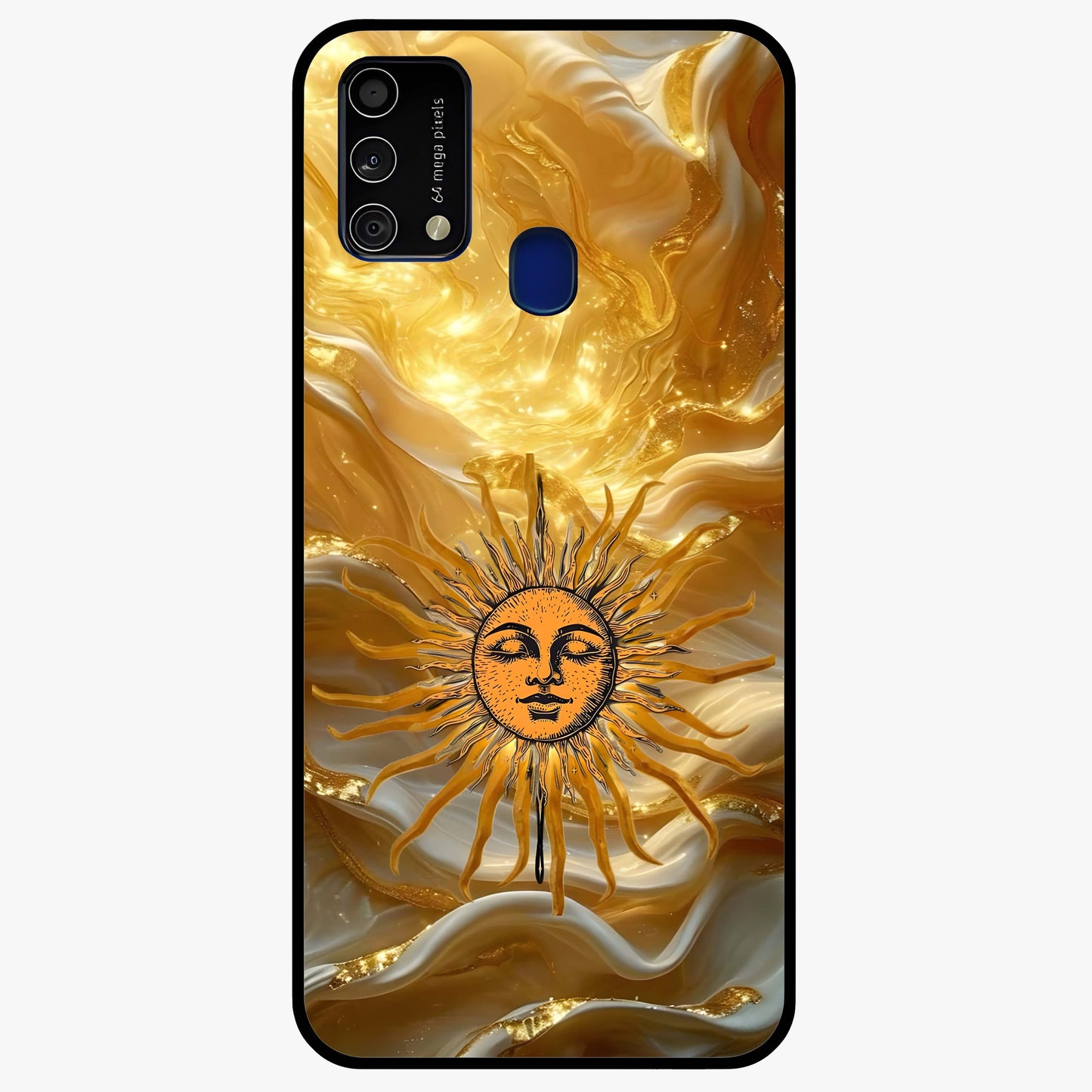 Eternal Golden Glow Glass Case showing flat back view with radiant golden themed artwork and glossy glass finish.