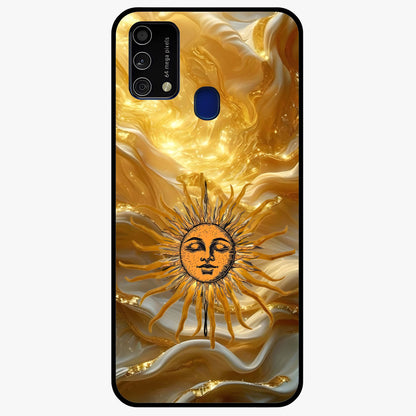 Eternal Golden Glow Glass Case showing flat back view with radiant golden themed artwork and glossy glass finish.