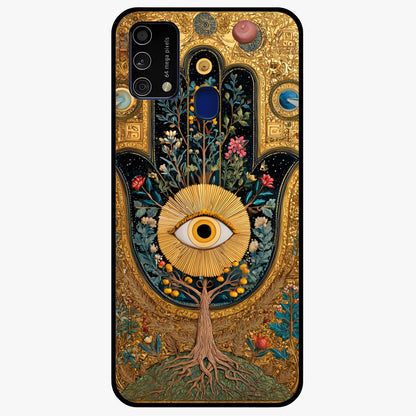 Ethereal Evil Eye Glass Case showing flat back view with mystical evil eye artwork and glossy glass finish.